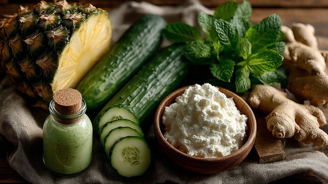 Flat lay of anti-bloating foods. Pineapple, cucumber, mint, ginger, cottage cheese and smoothie on rustic wood table, natural lighting, concept of healthy eating. - Powered by Adobe