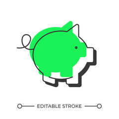 Pig bank offset shadow line icon. Money saving, accountability. Income management, banking. Expense, cost. Bold outline symbol with solid green fill. Modern flat illustration. Editable stroke