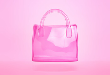 Pink silicone shopping bag. Transparent handbag isolated on pink background. Clipping path included