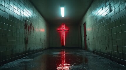 Red cross neon hallway