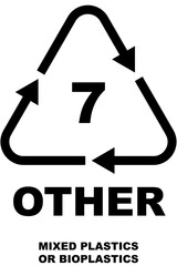 Plastic recycling code icon, triangle symbol with arrows and number 7, labeled 'Other' for mixed or bioplastics.