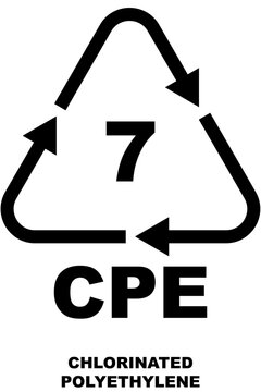 Plastic recycling code icon. black color triangle recycle symbol with arrows type 7 with the letters CPE underneath the code.