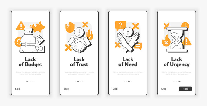 Types of objections mobile onboarding screen. Sales techniques problems highlighting UX UI illustration. Flat outline style icons with orange accent. Informa Pro Bold, Montserrat Light fonts used