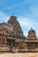 Fototapeta premium Beautiful temple, stone sculpture. Picture clicked at Dharasuram Sri Airavatesvara Temple, Tamil Nadu, India. After 900 years, it remains a key surviving example of Chola architecture
