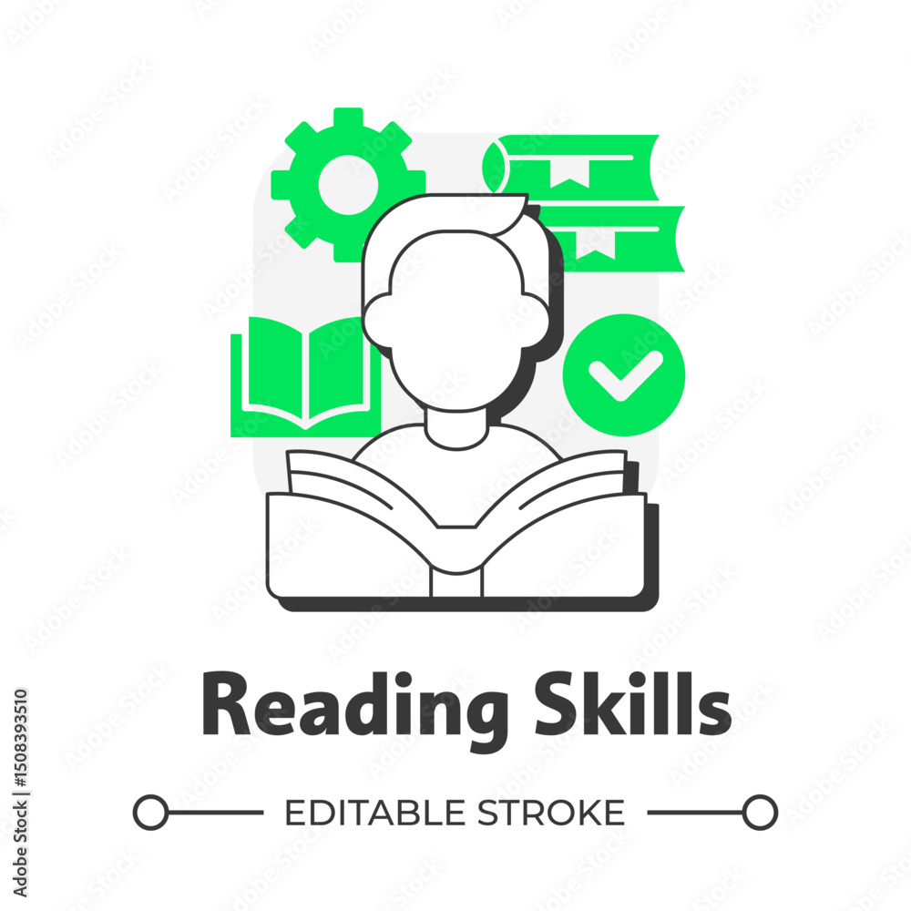 Poster writing skills flat outline concept icon. language learning. decoding meaning from text ability. wor