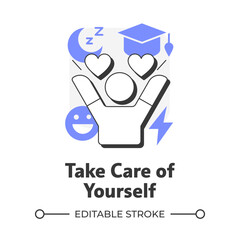 Take care of yourself flat outline concept icon. Healthy lifestyle. Time for you. Reduce stress. Mental health. Modern line illustration with purple glyphs. Conceptual visual. Easy to edit