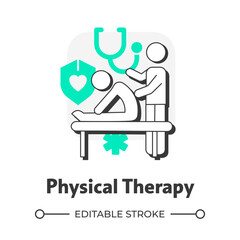 Physical therapy flat outline concept icon. Relieve pain. Treatment of diseases and injuries. Home health care service. Modern line illustration with green glyphs. Conceptual visual. Easy to edit