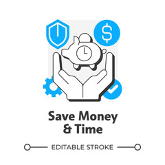 Save money and time flat outline concept icon. Payroll processing software benefit. Accounting digitization solutions. Modern line illustration with blue glyphs. Conceptual visual. Easy to edit