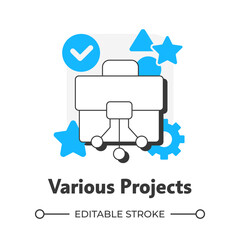 Various projects flat outline concept icon. Personal growth. Professional development. Digital nomad. Distance work. Modern line illustration with blue glyphs. Conceptual visual. Easy to edit