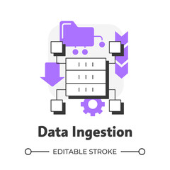 Plakat Data ingestion flat outline concept icon. Information transportation. Digital technology and software integration. Modern line illustration with purple glyphs. Conceptual visual. Easy to edit