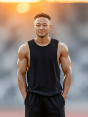 Muscular Portrait of a Confident Athlete: A well-built athlete, radiating confidence, poses in sportswear with a serene smile against the warm backdrop of daylight.