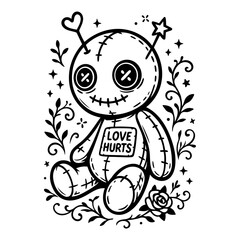Halloween Voodoo-Puppe mit „Love Hurts“ Schild - schwarz-weiße Tattoo-Style Illustration mit Herz, Stern, Knopfaugen und floralen Ornamenten