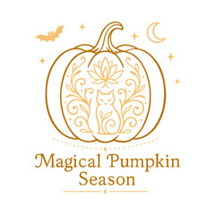 Magischer Kürbis mit Katze, Mond und floraler Verzierung - elegante Herbst-Vektorillustration mit Schriftzug „Magical Pumpkin Season“ auf weißem Hintergrund