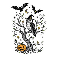 Halloween Eule auf magischem Baum mit Kürbis, Mond und Fledermäusen - verspielte Vektorillustration mit Hexenhut auf weißem Hintergrund