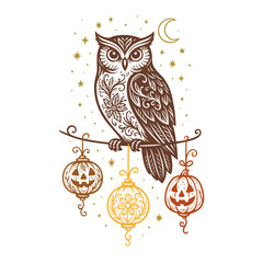 Verzierte Eule mit Kürbislaternen, Halbmond und Sternenhimmel - elegante Halloween-Vektorillustration in Braun-Orange auf Weiß