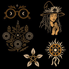 Mystisches Litha-Set mit Hexe, Pentagramm, Sonnenblumen und spirituellen Symbolen - goldene Sommerillustration auf schwarzem Hintergrund