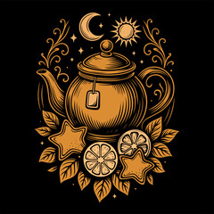Magische Teekanne mit Sonne, Mond und Kräutern - mystische Vektorillustration in Gold auf Schwarz mit Zitronenscheiben, Sternkeksen und floralen Ornamenten