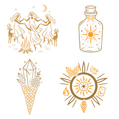 Sommerliches Litha-Set mit Hexenkreis, Kristall, Sonnenflasche und Ritualsymbol - goldene Vektorillustration auf weißem Hintergrund für spirituelle Designs