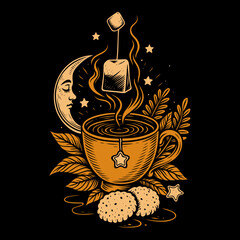 Mystische Teetasse mit Mond, Marshmallow und Stern - spirituelle Illustration in Gold auf Schwarz mit floralen Elementen, Dampf und Nachthimmel