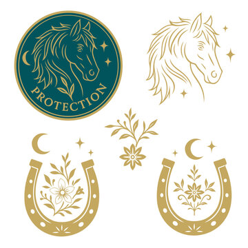 Mystisches Pferd mit Hufeisen und Schutzsymbolen - florale Vektorillustration (Sticker) mit Mond, Sternen und Ornamenten in Gold auf Wei&szlig; und Petrol