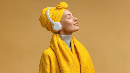 Serene Listening: A person draped in vibrant yellow, donning a matching headscarf, closes their eyes, fully immersed in the soundscape delivered by sleek, modern headphones.