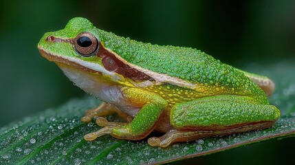 Obraz premium Vibrant green frog with textured, bumpy skin and striking dark eyes sits on a glossy leaf dotted with water droplets after rain. The frog features a hint of red around its eyes, a light underbelly tra