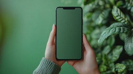 Smartphone displayed hands green background