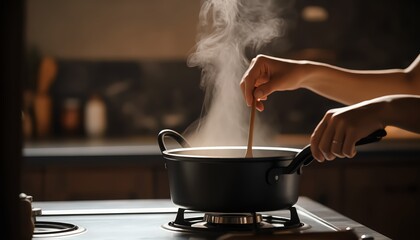 Woman’s hands stirring a pot on the stove with steam rising, cozy kitchen atmosphere. Face not visible. Great for home cooking, lifestyle, food blogs, or kitchen product ads
