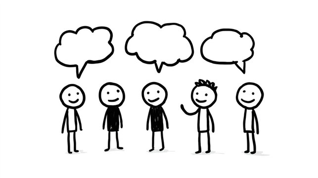 Stick figures having a conversation and sharing ideas, opinions and thoughts