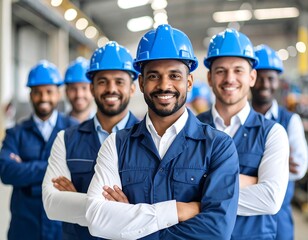 Smiling diverse factory workers in blue uniforms and hard hats