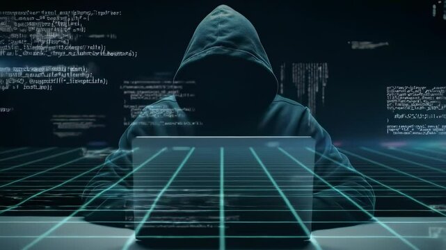 Hooded hacker in dark room types on laptop surrounded by digital code and grids, symbolizing cybercrime, security breach, and technology threats