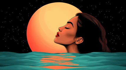 Serene Woman Emerging from Teal Water Underneath an Orange Moon at Night