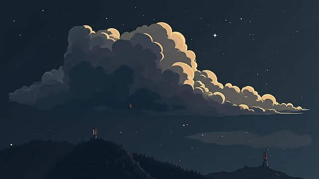 Dreamy Night Sky with Towering Clouds and Distant Lighthouses Animation