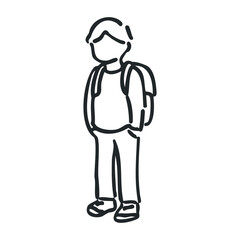 Sketch of young caucasian male teen with backpack in minimalist style – stock vector icon in line drawing style