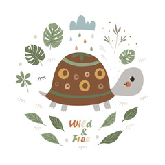 Vector round poster with cute turtle inside, leaves and branches. Well suited for use in children's room design, books, kindergarten