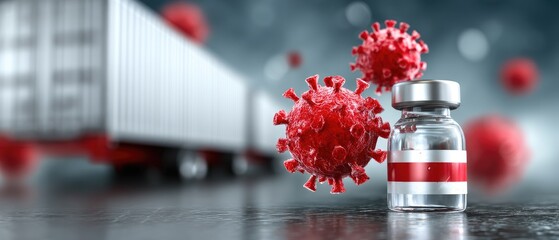 vaccine virus distribution concept. Vaccine vial with virus illustrations and shipping container in the background.
