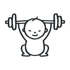 Child lifting barbell outline drawing with happy expression – stock vector icon in line drawing style