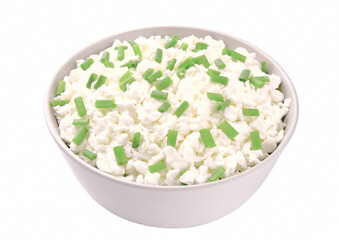 Cottage cheese in a cup isolated on white background. Cottage cheese with young green chives.