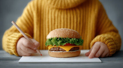 Burger Meal: A child's hand holds a pencil poised, ready to create an illustration or description of a tempting, delectable burger meal.