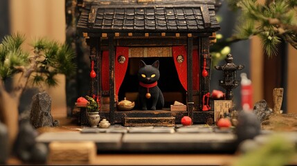 Naklejka premium Black cat sits in a small shrine with red curtains and surrounding greenery.