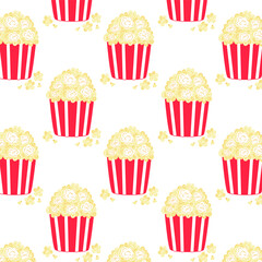 Seamless pattern with popcorn buckets and scattered kernels. Playful snack design for cinema or movie night.