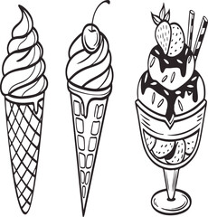 set of ice cream,  

Four illustrated ice cream cones showcasing different swirl designs against a simple background