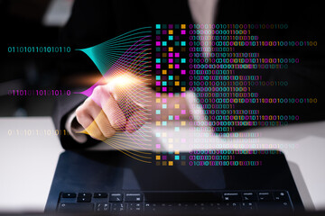 Businessman using laptop tablet data analysis big data technology artificial intelligence ai innovation concept