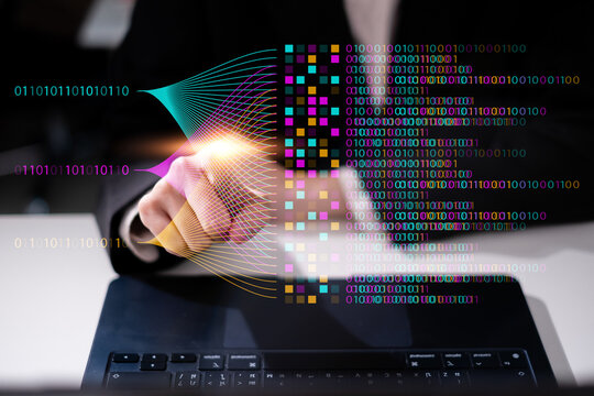 Businessman using laptop tablet data analysis big data technology artificial intelligence ai innovation concept