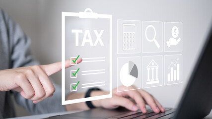 Businessman tax calculation accounting financial payment economy planning money income business concept digital government investment online analysis law return deduction revenue refund service
