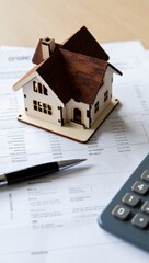 Model house on financial documents with a calculator and pen representing real estate investments and budgeting