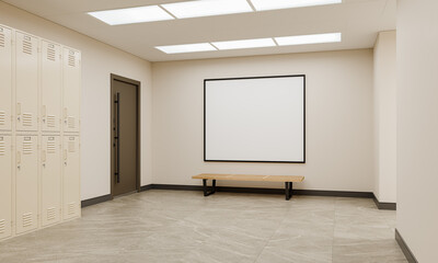 Interior of a locker room with a bench and empty frame