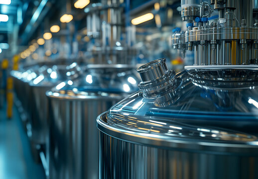Sleek stainless steel bioreactors in a modern biotech facility, process, biopharma