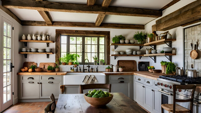  Rustic farmhouse kitchen with exposed wood beams, open shelving, and fresh vegetables on thevc