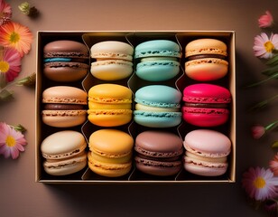 a box of mixed macarons on the table, view from above, food photography